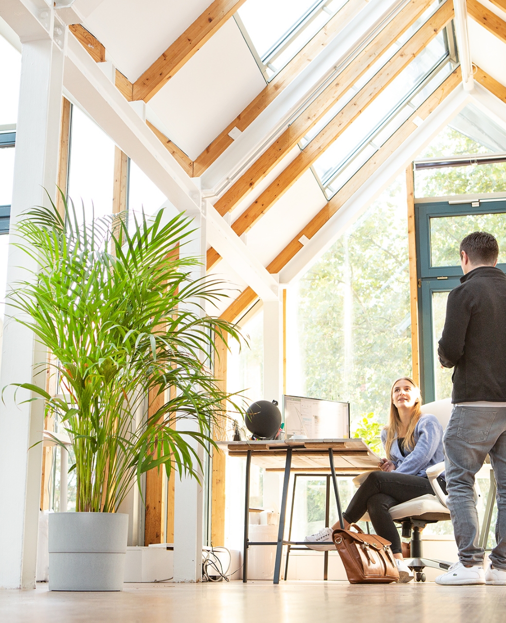 Mitarbeiterin arbeitet am Schreibtisch zu Baulohn Abrechnung