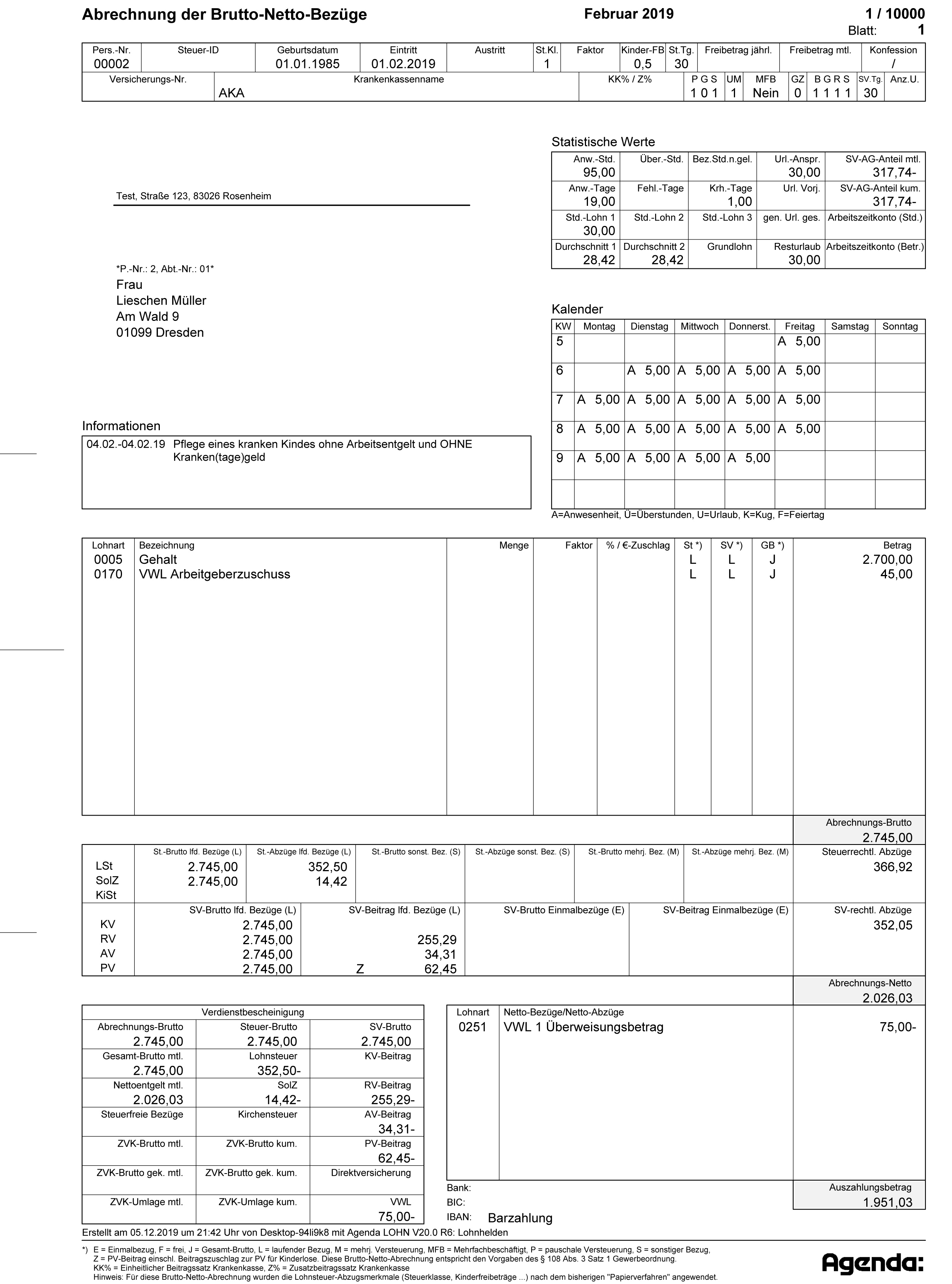 Gehaltsabrechnung mit Zahlen und Tabellen, erstellt von Lohnhelden GmbH