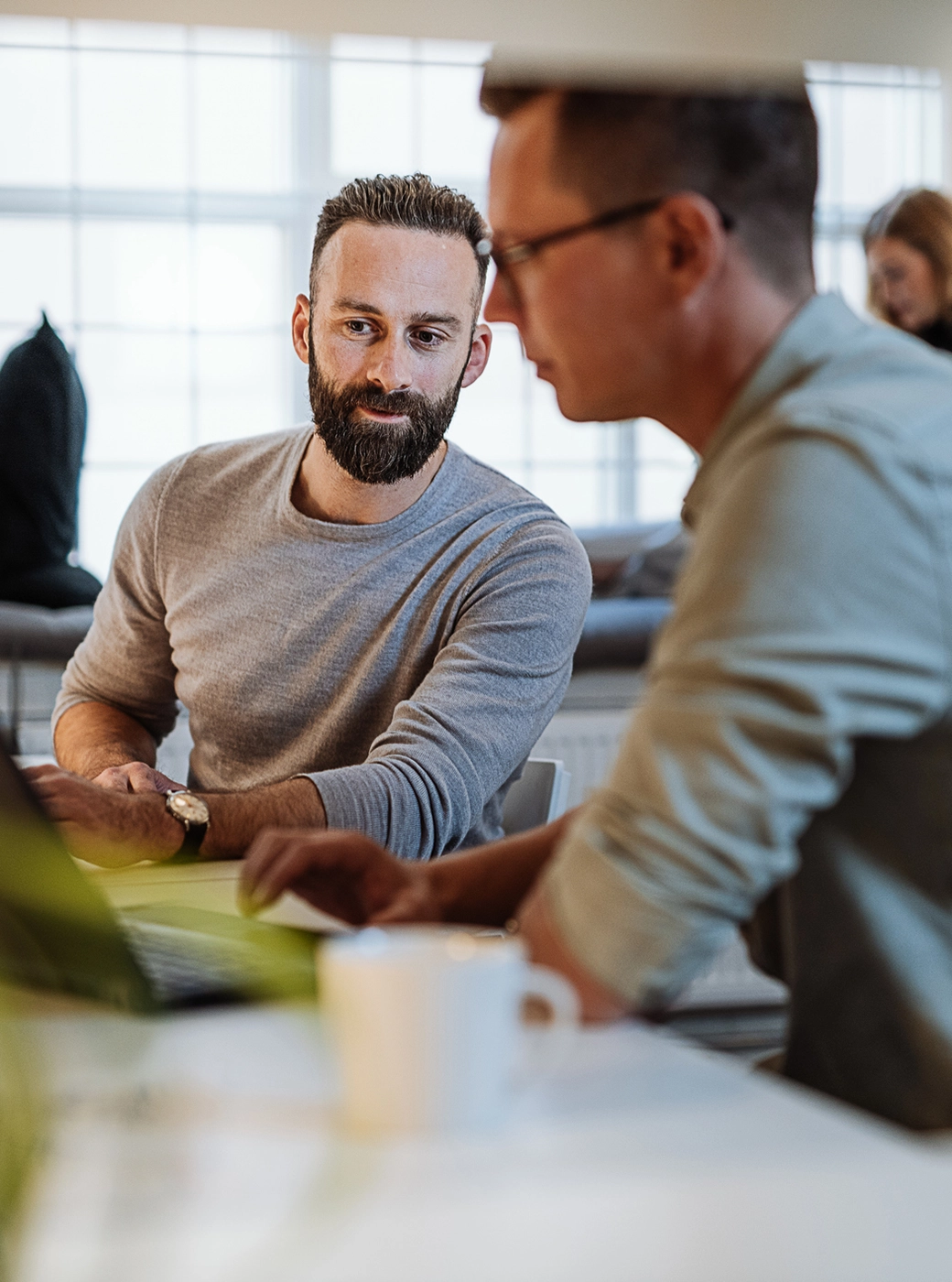 Pflanze im Vordergrund, Mensch im Büro im Hintergrund, der Urlaubsgelder berechnet
